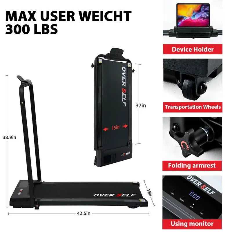 OVER SELF Portable Walking Pad Treadmill with Wheels Remote Control LED Display 42.5X19X4.7 Inches for Home Office Use 300 Lbs Capacity Quiet Operation 2-In-1 Design for Daily Workout & Calories Tracking