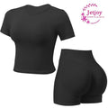 Jetjoy 2 Piece Workout Sets for Women, Long or Short Sleeve T Shirt Tank Top + Workout Shorts Butt Lifting Gym Seamless Booty Biker Shorts, Going Out Gym Sets Fitness Clothes Skinny Sportswear Compression Activewear Gymwear Fitness Clothes