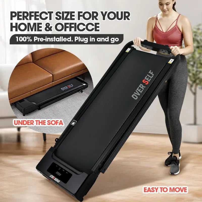 OVER SELF Portable Walking Pad Treadmill with Wheels Remote Control LED Display 42.5X19X4.7 Inches for Home Office Use 300 Lbs Capacity Quiet Operation 2-In-1 Design for Daily Workout & Calories Tracking