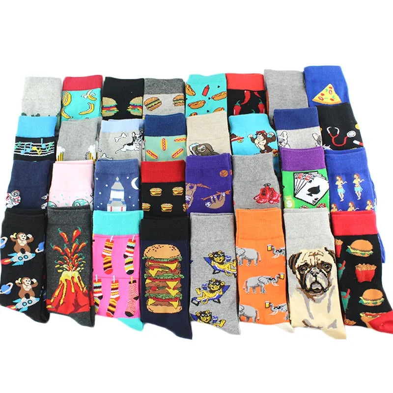 Animal Pug Elephant Lionu Funny Socks Men Chili Hamburg Pizza Crew Socks Harajuk Novelty Gift Sokken Unisex Skateboard Socks