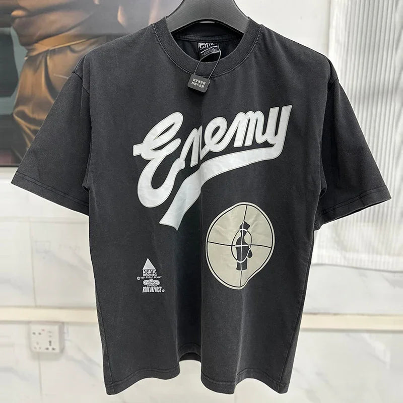 Vintage Washed Black Target Print Saint T-Shirt Men Women Streetwear Oversized High Quality T Shirt Casual Fashion Tee Tops