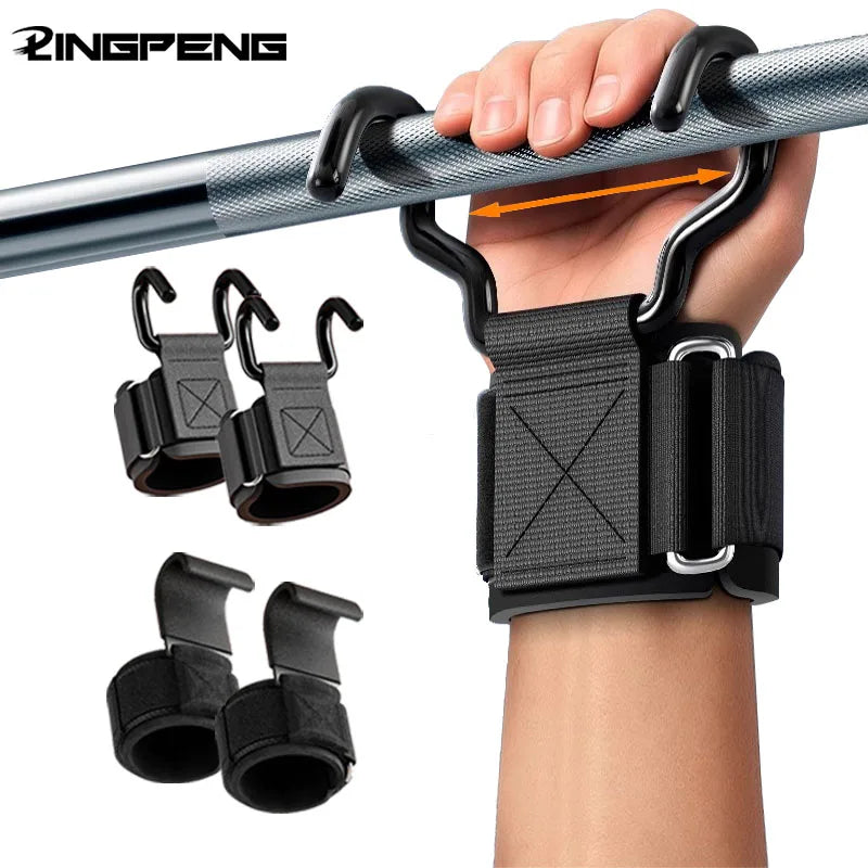 Weight lifting hook grips with wrist wraps for gym fitness and power lifting grips