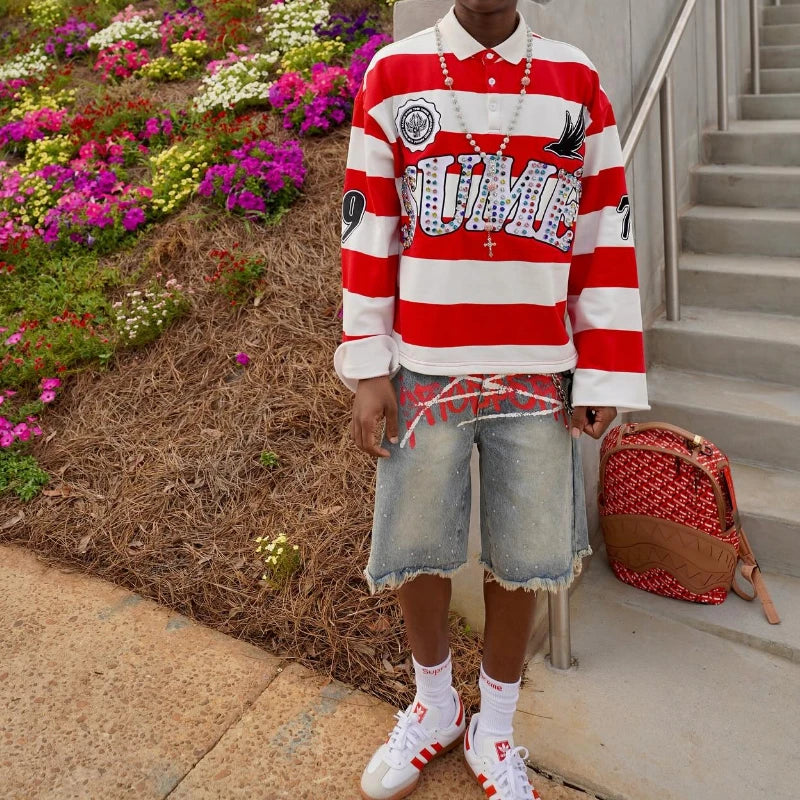 2 Pcs Shirts Co-ords Sume Rugby Diamond Embroidery Stripe Polo Shirt Y2K Retro Classic Unisex Oversized Long Sleeved Shirts Sets