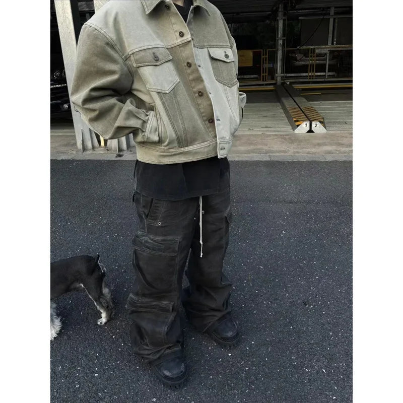 Men's Cargo Pants Wide-leg Washed Grey Jeans RO Style Y2k Fashion Slacks Loose Athleisure