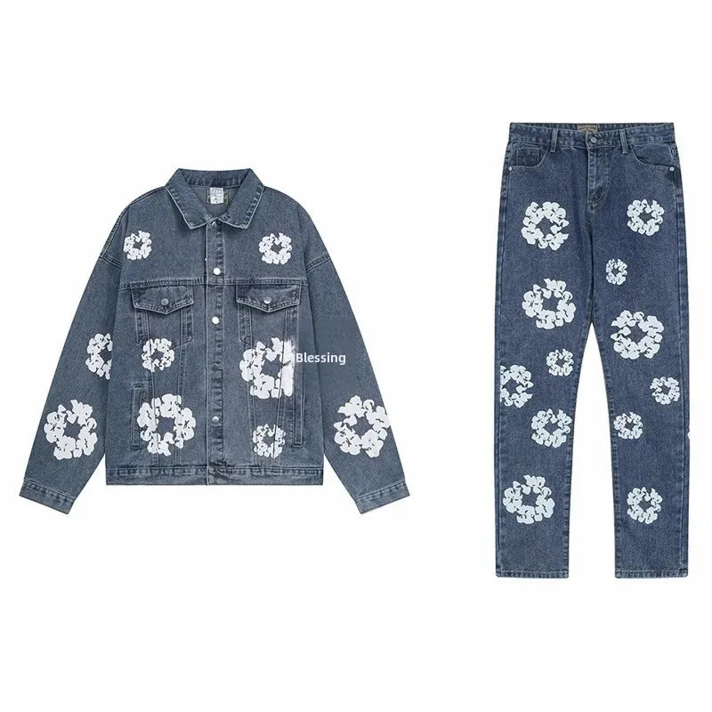 Wood Cotton Full Print Men'S Denim Jacket Coat High Street Washed Jeans Set Street Style Cotton Long Sleeve Flip Collar