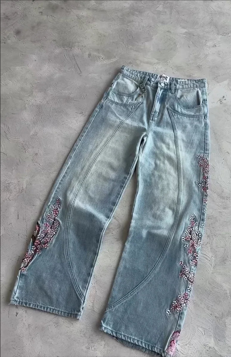 Vintage Cherry Blossom Black Knight Embroidery Jeans Y2K Retro Baggy Straight Denim Pants Blue Wash Jean Men Clothing Streetwear