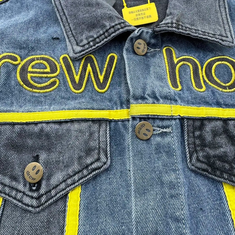 Autumn and Winter Designer Niche American outside the Denim with Black and Blue Patchwork Embroidered Letters