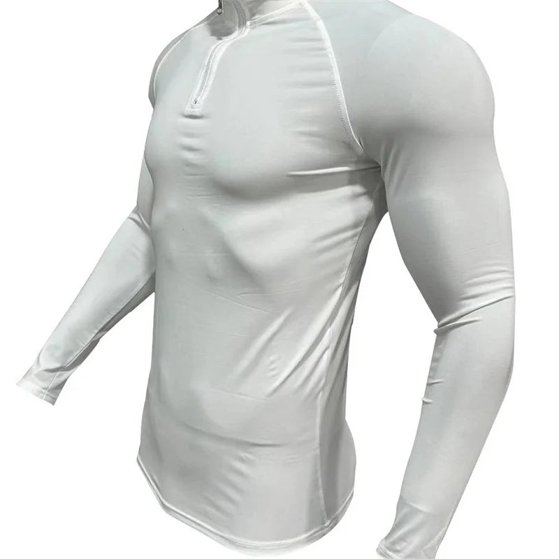 Fitness Compression Sport T-shirt Gym Running Exercise Elastic Long Sleeves Sweatshirt half zip High neck Tops men Tight T-shirt