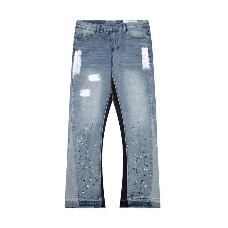 2024 High Street Splashed Ink Ripped Patchwork Jeans for Men and Women Trendy Brand American Straight Slim Micro-Flared Trousers
