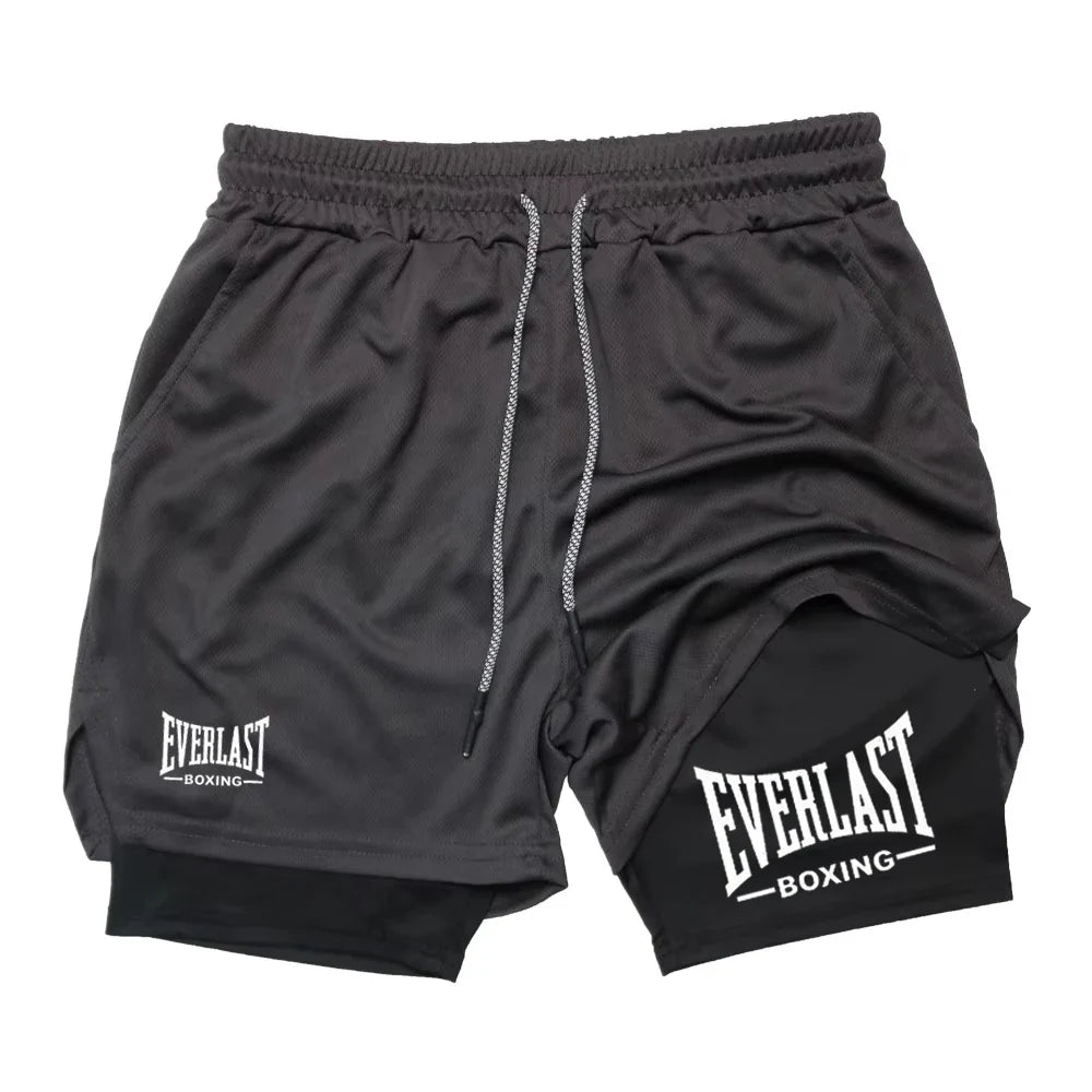 Men's compression gym shorts with EVERLAST print, double-layered, quick-drying sportswear for fitness and basketball