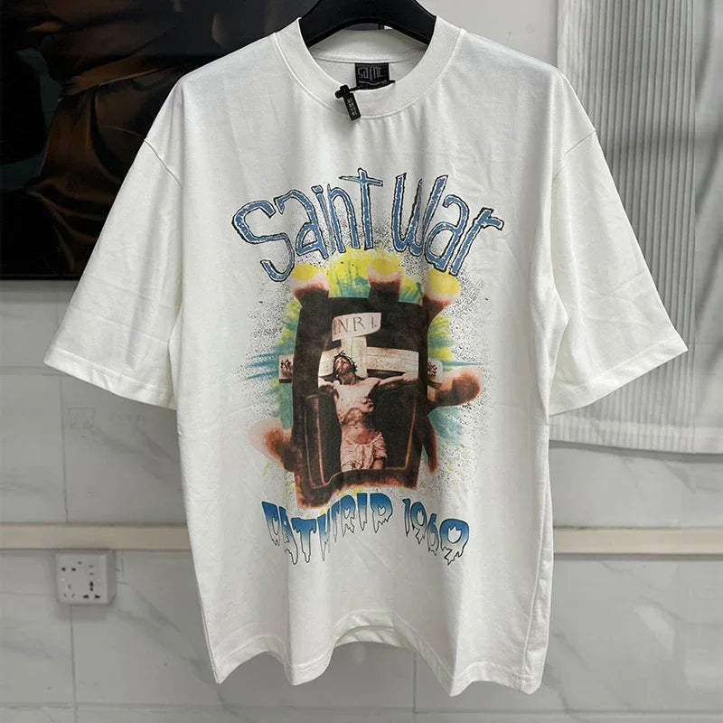 Vintage Washed Black Target Print Saint T-Shirt Men Women Streetwear Oversized High Quality T Shirt Casual Fashion Tee Tops