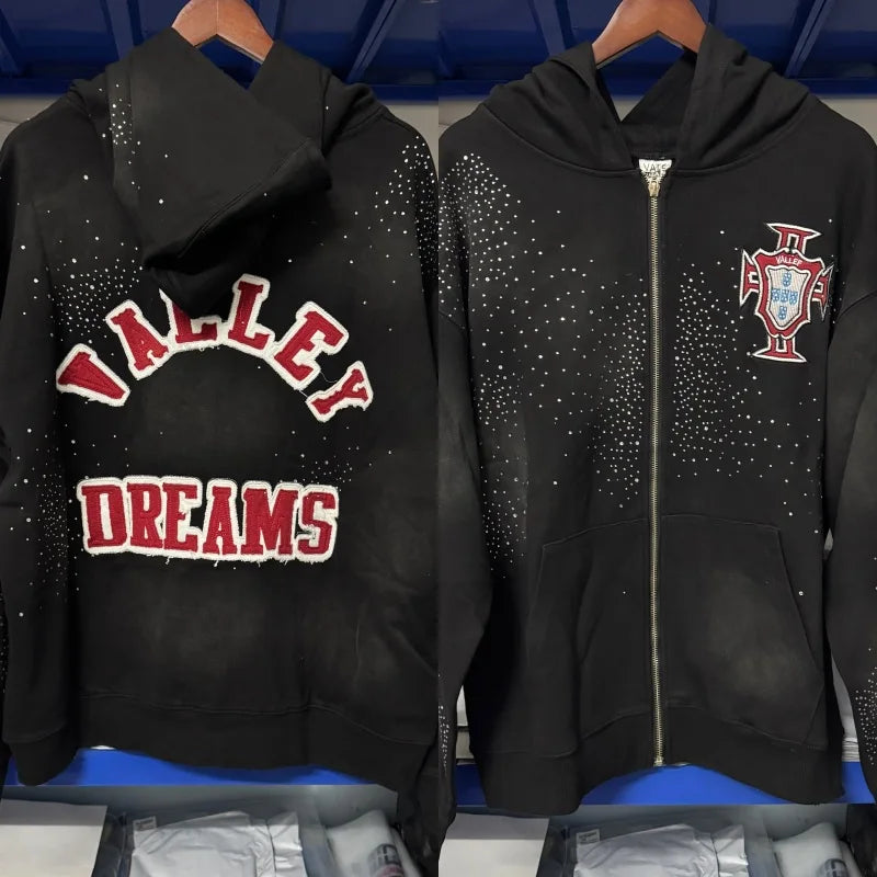 Black Washed VALLEY vintage style cotton hoodie with embroidered logo and zipper closure