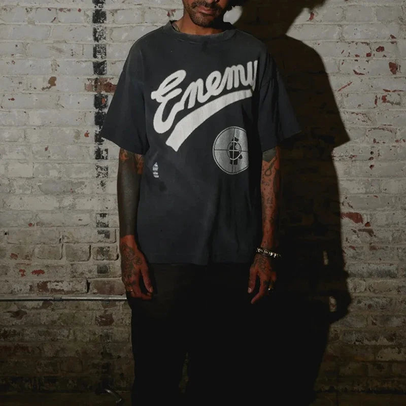 Vintage Washed Black Target Print Saint T-Shirt Men Women Streetwear Oversized High Quality T Shirt Casual Fashion Tee Tops
