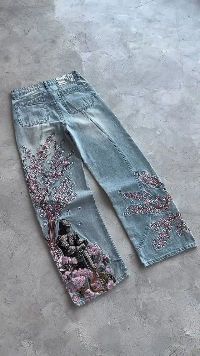 Vintage Cherry Blossom Black Knight Embroidery Jeans Y2K Retro Baggy Straight Denim Pants Blue Wash Jean Men Clothing Streetwear