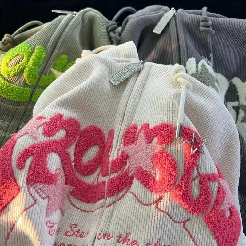 Plus Size XL-3XL Corduroy Embroidery Loose Hoodies Women Sprring Autumn Long Sleeve Zipper Hood Shirt Harajuku Y2K Sweatshirt