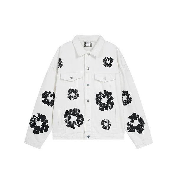 Wood Cotton Full Print Men'S Denim Jacket Coat High Street Washed Jeans Set Street Style Cotton Long Sleeve Flip Collar