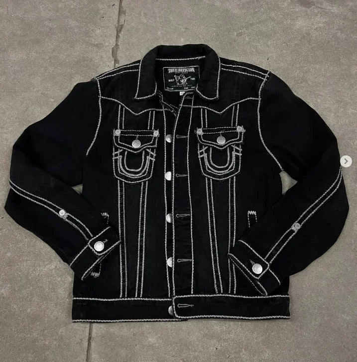 Hip Hop Retro Fashion Brand Denim Jacket Y2K Street Wear Washed Embroidered Motorcycle Sports Jacket Thickened Men'S Clothing