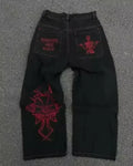 Y2K Gothic Embroidered Jeans Man Clothing Harajuku Casual Vintage Baggy Denim High Waist Wide Leg Trendy Patched Streetwear