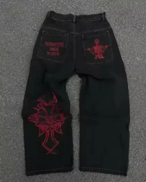 Y2K Gothic Embroidered Jeans Man Clothing Harajuku Casual Vintage Baggy Denim High Waist Wide Leg Trendy Patched Streetwear