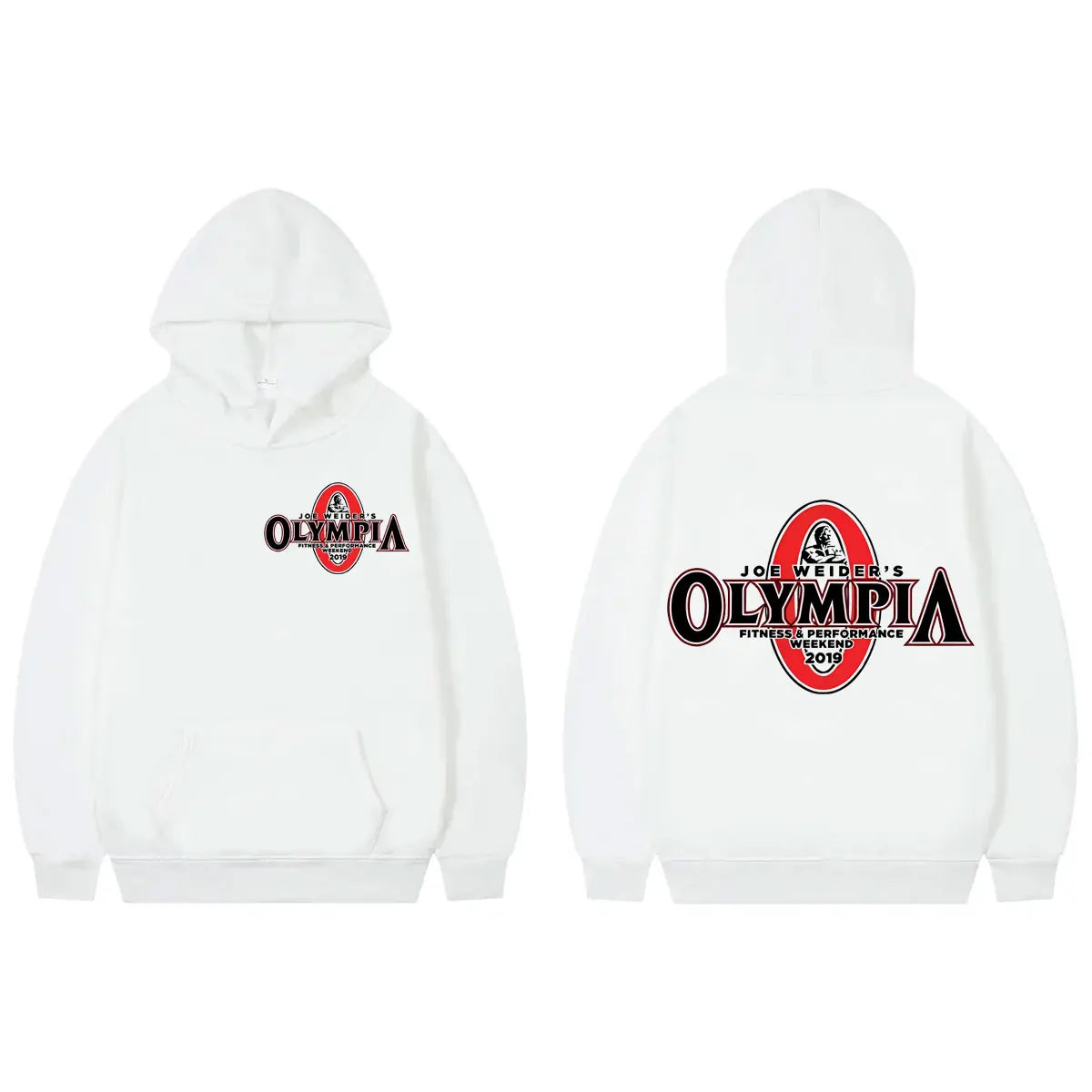 White double sided graphic hoodie with Olympia fitness logo front and back, high quality fleece pullover for men and women.