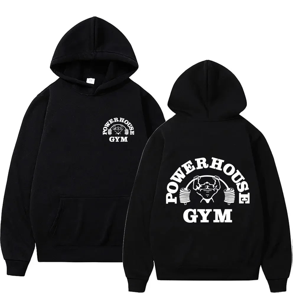 Black men's hoodie with Powerhouse Gym logo, polyester, full sleeves, casual style, hooded sweatshirt for autumn and winter athletics