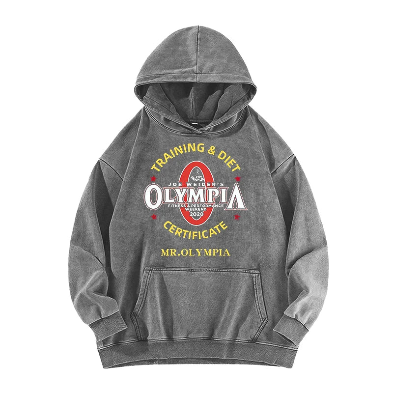 Olympia Gym Fitness Graphic Print Washed Hoodie Male Casual Oversized Hooded Tracksuit Men Women Fashion Vintage Loose Hoodies