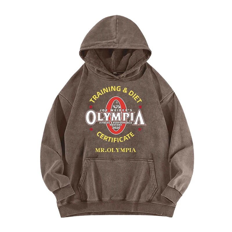 Olympia Gym Fitness Graphic Print Washed Hoodie Male Casual Oversized Hooded Tracksuit Men Women Fashion Vintage Loose Hoodies