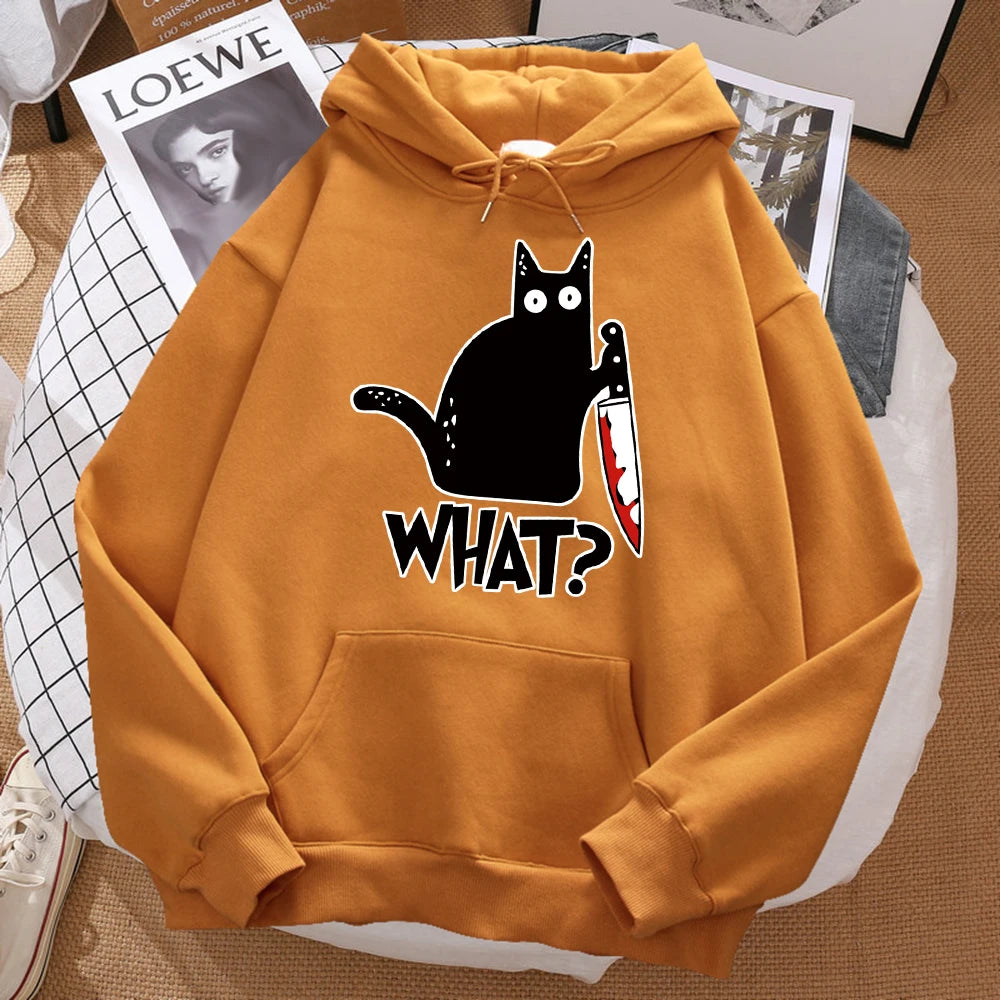 What Cute Little Black Cat Holding A Knife Men Hoodie Street Fleece Hoody Hipster Autumn Sweatshirt Hip Hop Clothing Woman
