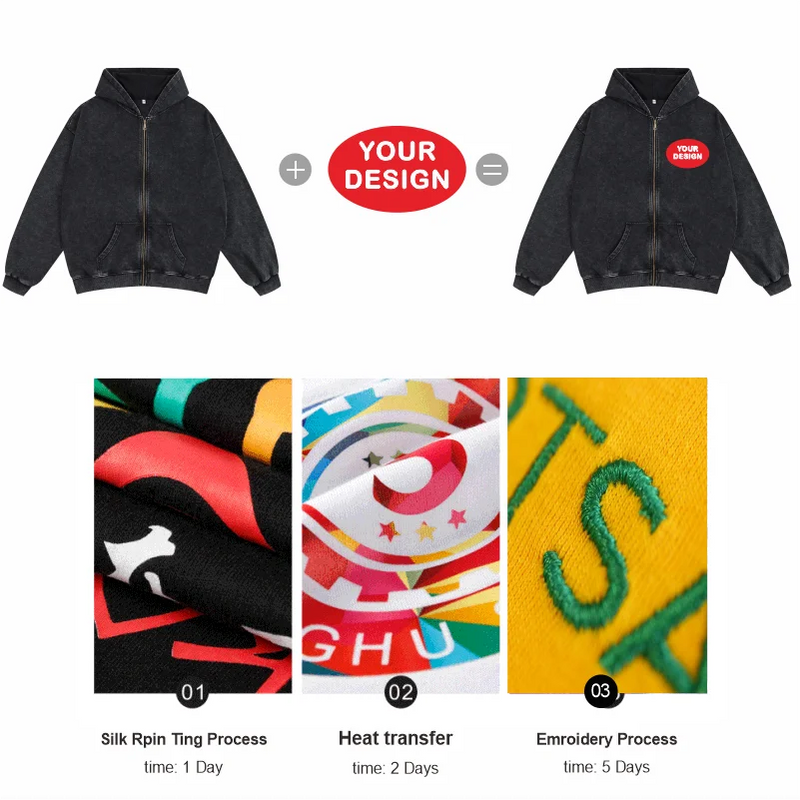 Wax Dyed Wool Zipper Hooded Sweatshirt Pants Set Custom Logo Printing Embroidery Retro Washed Old Street Set