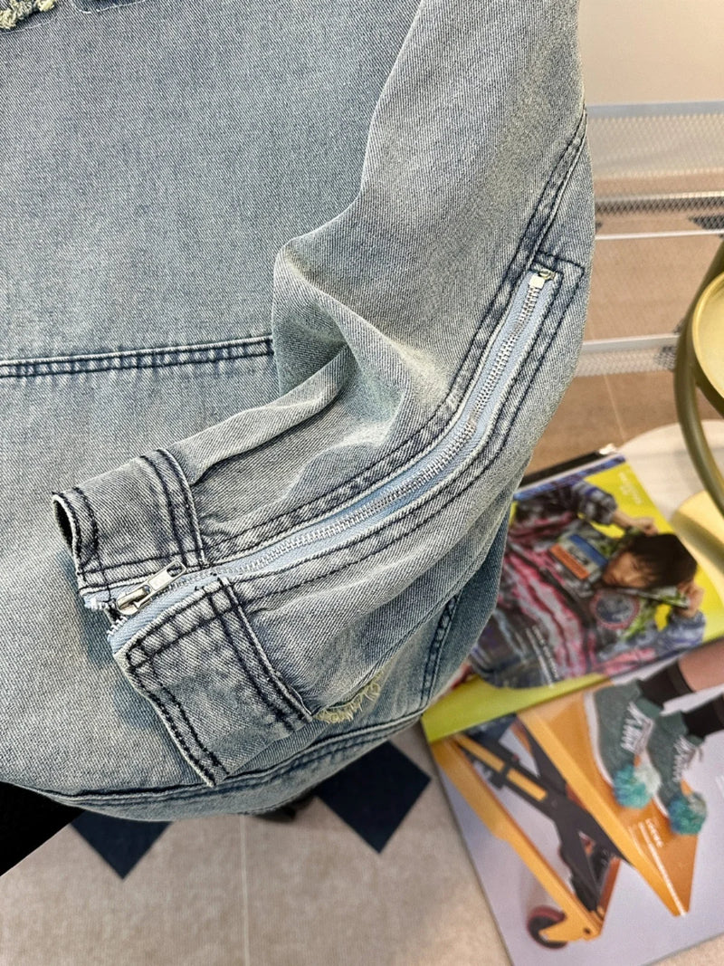 Men'S Autumn New Hoodies&Sweatshirts Letter Patchwork Denim Pullover Tops American Fashion Streetwear Ripped Hooded Jackets