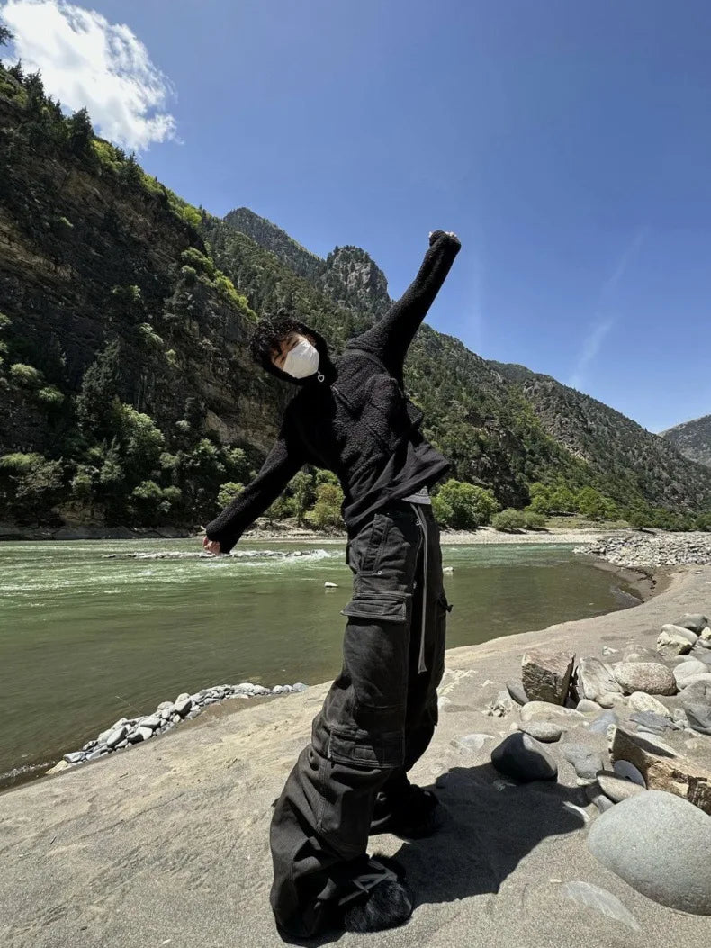 Men's Cargo Pants Wide-leg Washed Grey Jeans RO Style Y2k Fashion Slacks Loose Athleisure