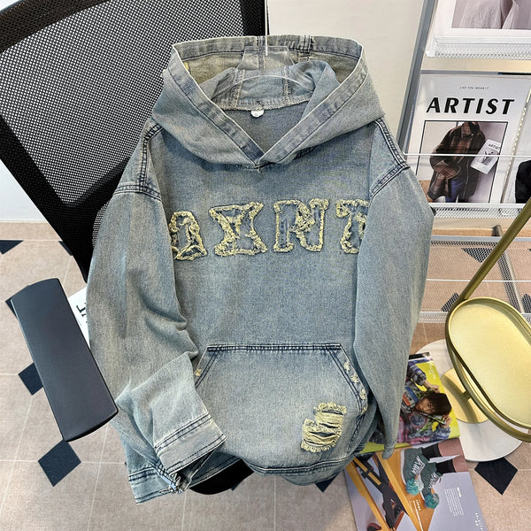 Men'S Autumn New Hoodies&Sweatshirts Letter Patchwork Denim Pullover Tops American Fashion Streetwear Ripped Hooded Jackets