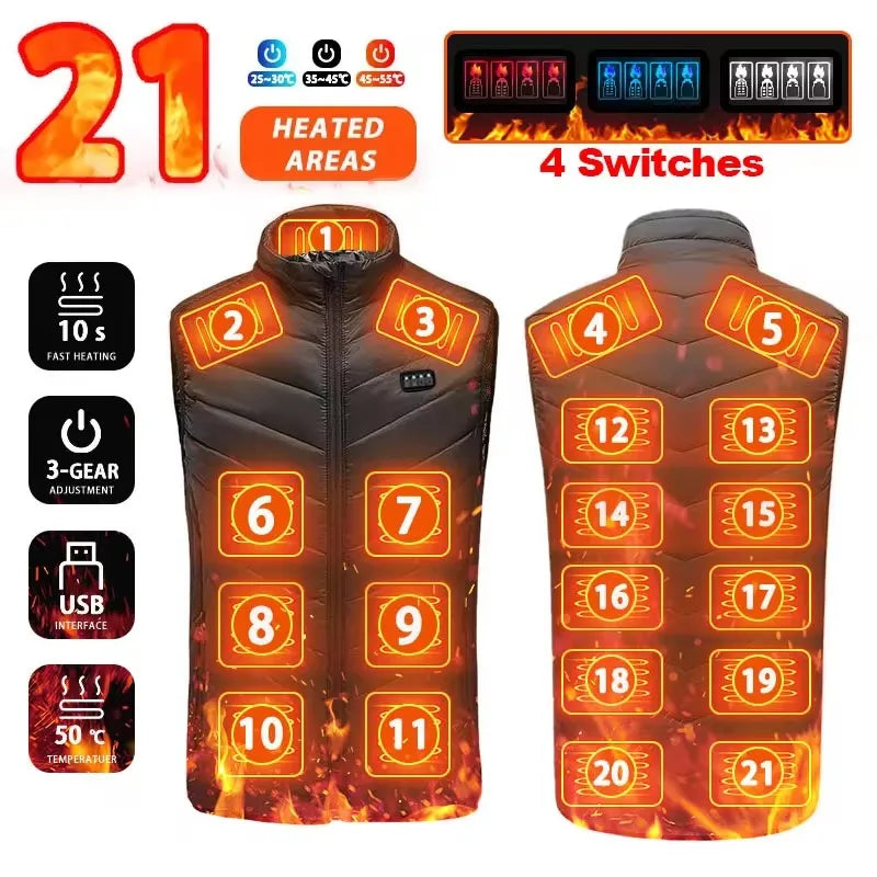 21 heated vest zones electric heated jacket with USB interface and 3-gear temperature control for men and women winter sportswear
