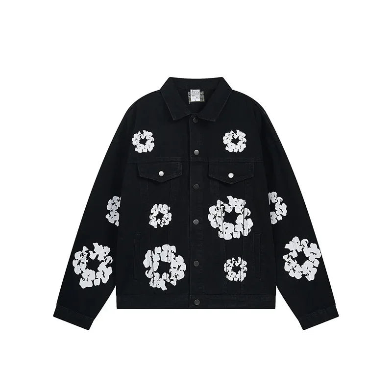 Wood Cotton Full Print Men'S Denim Jacket Coat High Street Washed Jeans Set Street Style Cotton Long Sleeve Flip Collar