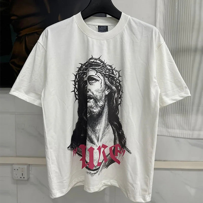 Vintage Washed Black Target Print Saint T-Shirt Men Women Streetwear Oversized High Quality T Shirt Casual Fashion Tee Tops