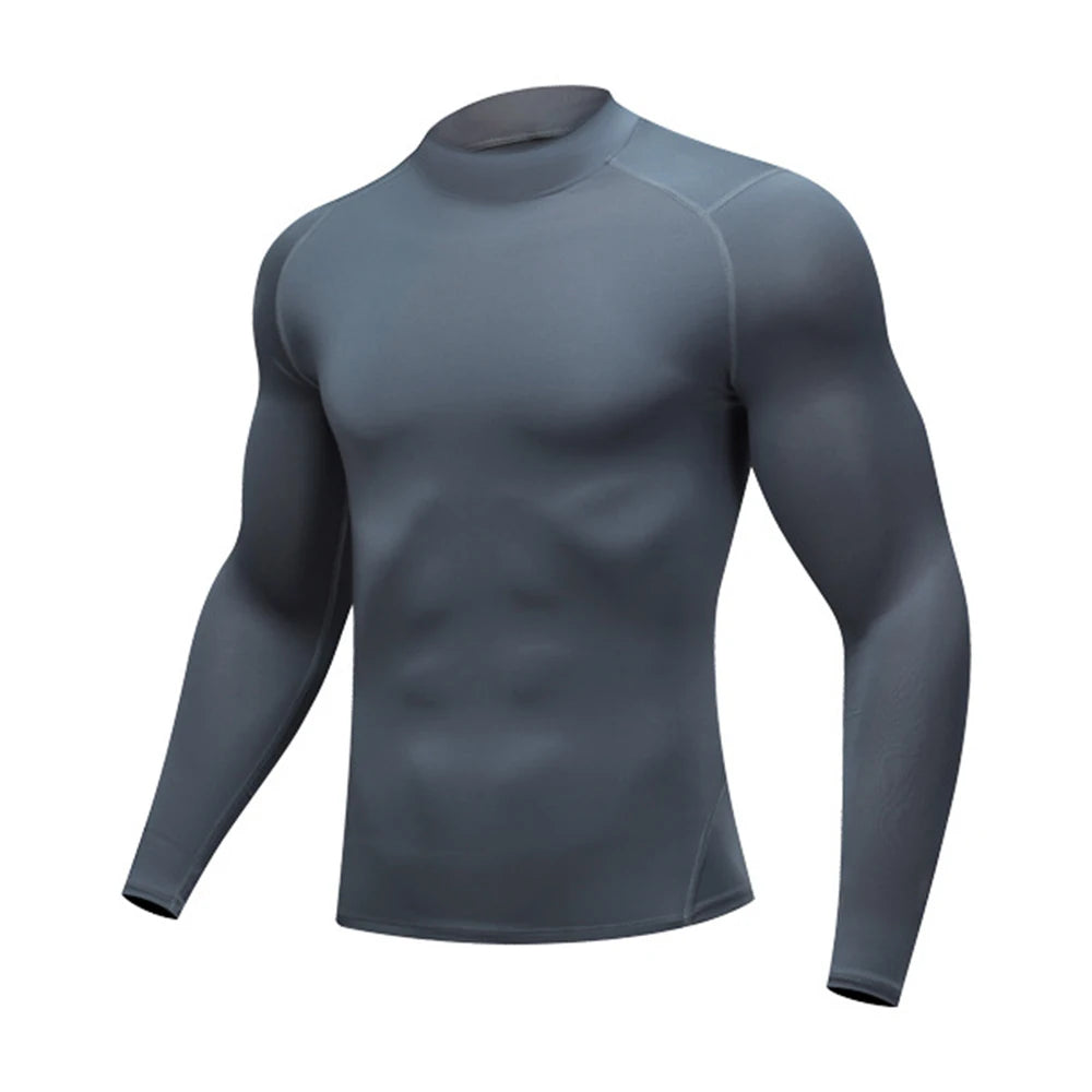 Autumn New Sports Shirt Men High Neck Compression Shirt Long Sleeved Training Top High Stretch Undershirt