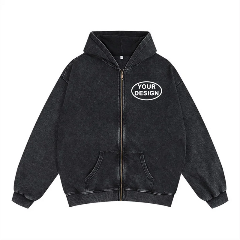 Wax Dyed Wool Zipper Hooded Sweatshirt Pants Set Custom Logo Printing Embroidery Retro Washed Old Street Set