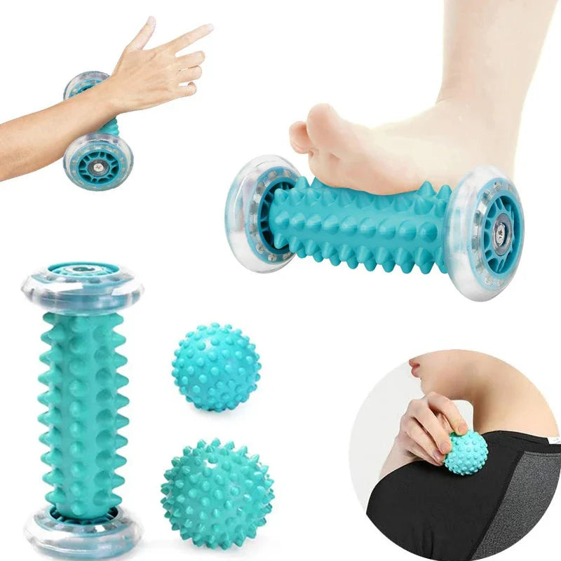 Foot massager roller and spiky massage balls for plantar fascia pain relief and muscle relaxation