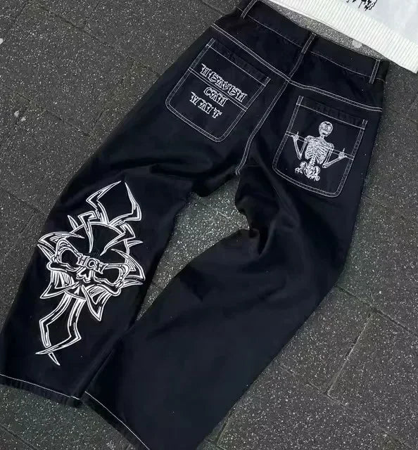 Y2K Gothic Embroidered Jeans Man Clothing Harajuku Casual Vintage Baggy Denim High Waist Wide Leg Trendy Patched Streetwear