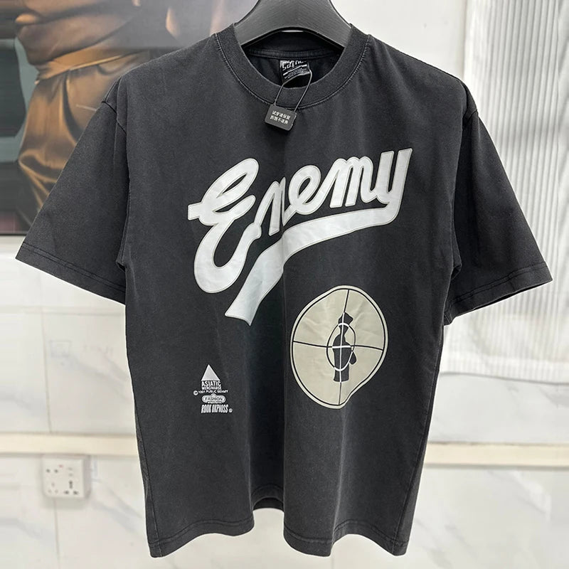 Vintage Washed Black Target Print Saint T-Shirt Men Women Streetwear Oversized High Quality T Shirt Casual Fashion Tee Tops