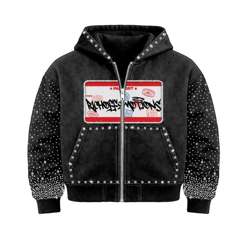 2025 Trendy diamond encrusted embroidered logo design trendy couple zipper hoodie High street Y2K retro rock Gothic loose hoodie