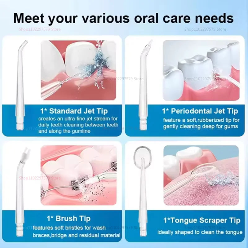 IPX7 Waterproof Rechargeable Tooth Cleaner 4 Nozzle High Pressure Pulse Electric Oral Irrigator 3 Cleaning Mode for Oral Care