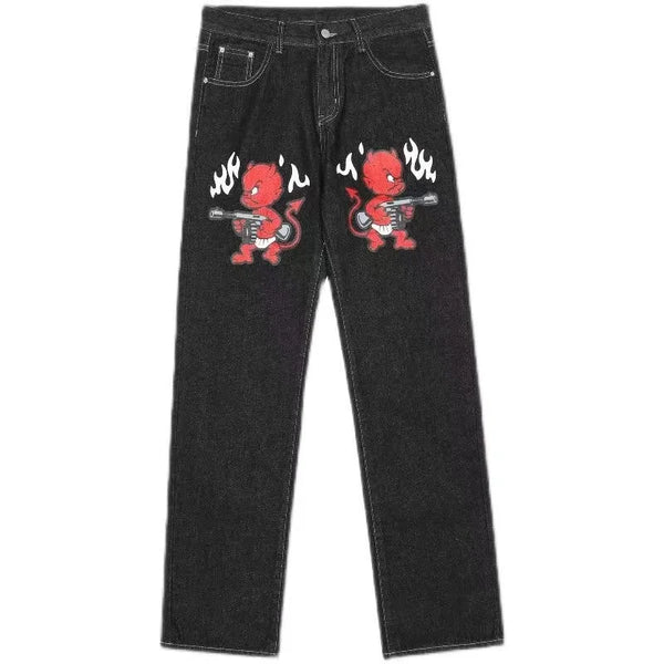 Vintage Cherry Blossom Black Knight Embroidery Jeans Y2K Retro Baggy Straight Denim Pants Blue Wash Jean Men Clothing Streetwear