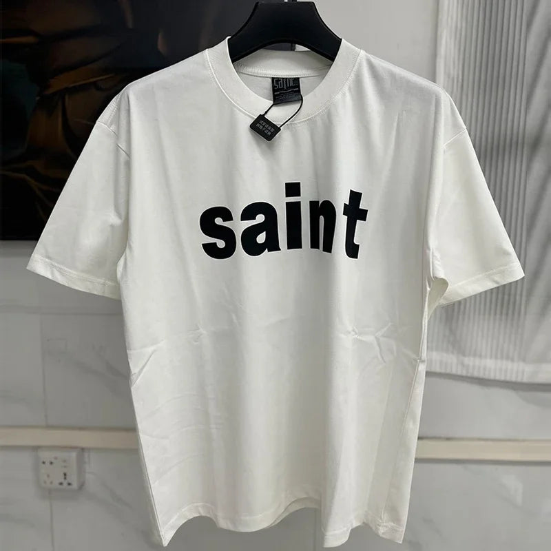 Vintage Washed Black Target Print Saint T-Shirt Men Women Streetwear Oversized High Quality T Shirt Casual Fashion Tee Tops