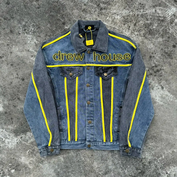 Autumn and Winter Designer Niche American outside the Denim with Black and Blue Patchwork Embroidered Letters