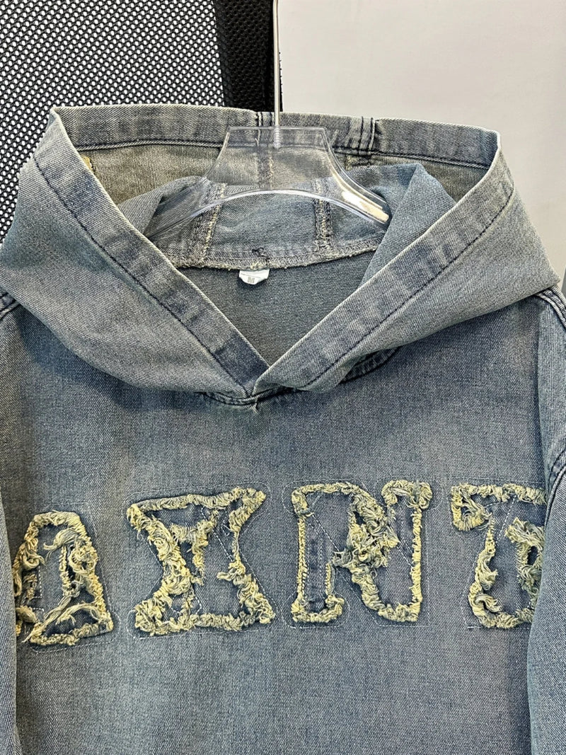 Men'S Autumn New Hoodies&Sweatshirts Letter Patchwork Denim Pullover Tops American Fashion Streetwear Ripped Hooded Jackets