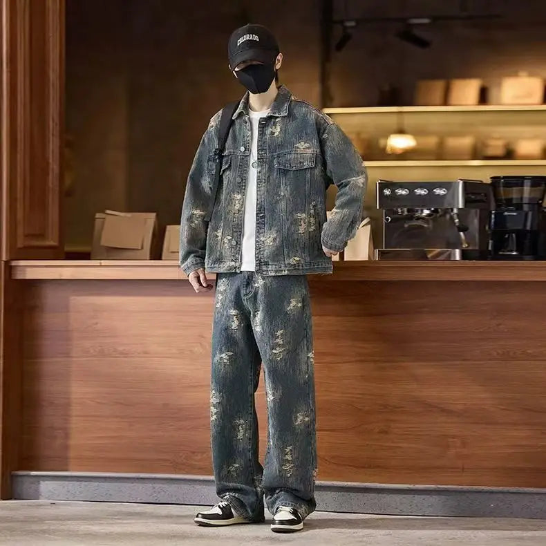 Spring Autumn New American Denim Coats Set Classic  retro Cowboy Jeans Trendy Two-Piece Sets Versatile Outerwear Casual Jacket