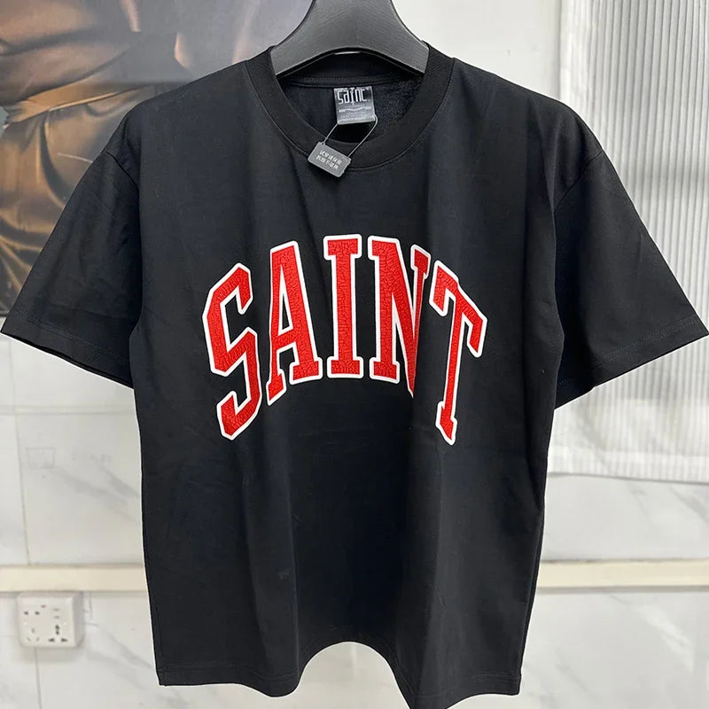 Vintage Washed Black Target Print Saint T-Shirt Men Women Streetwear Oversized High Quality T Shirt Casual Fashion Tee Tops