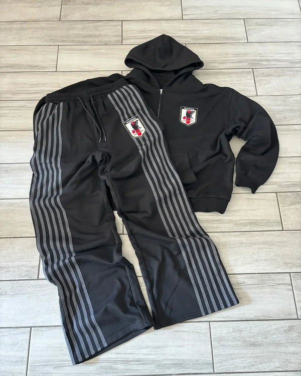 New Y2K Zip Hooded Sweatpants Set Men Two Piece Hip Hop Embroidered Vintage Stripe Oversized Hooded Sweatshirt Casual Pants Set