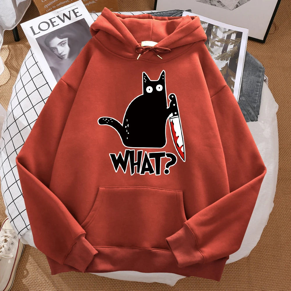 What Cute Little Black Cat Holding A Knife Men Hoodie Street Fleece Hoody Hipster Autumn Sweatshirt Hip Hop Clothing Woman